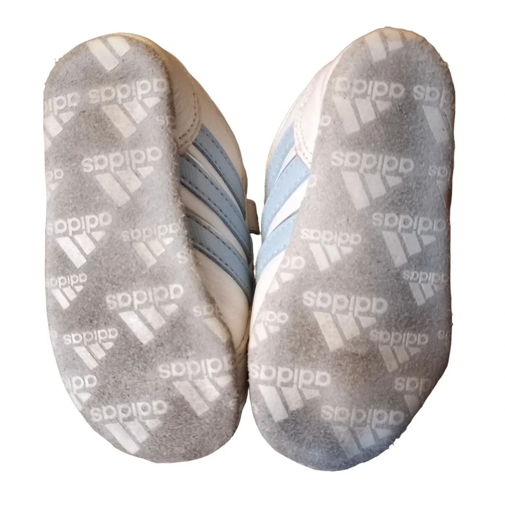 Adidas Baby Crib Shoes Blue White 3 Stripes Soft Sole Sneakers Unisex Size 2K